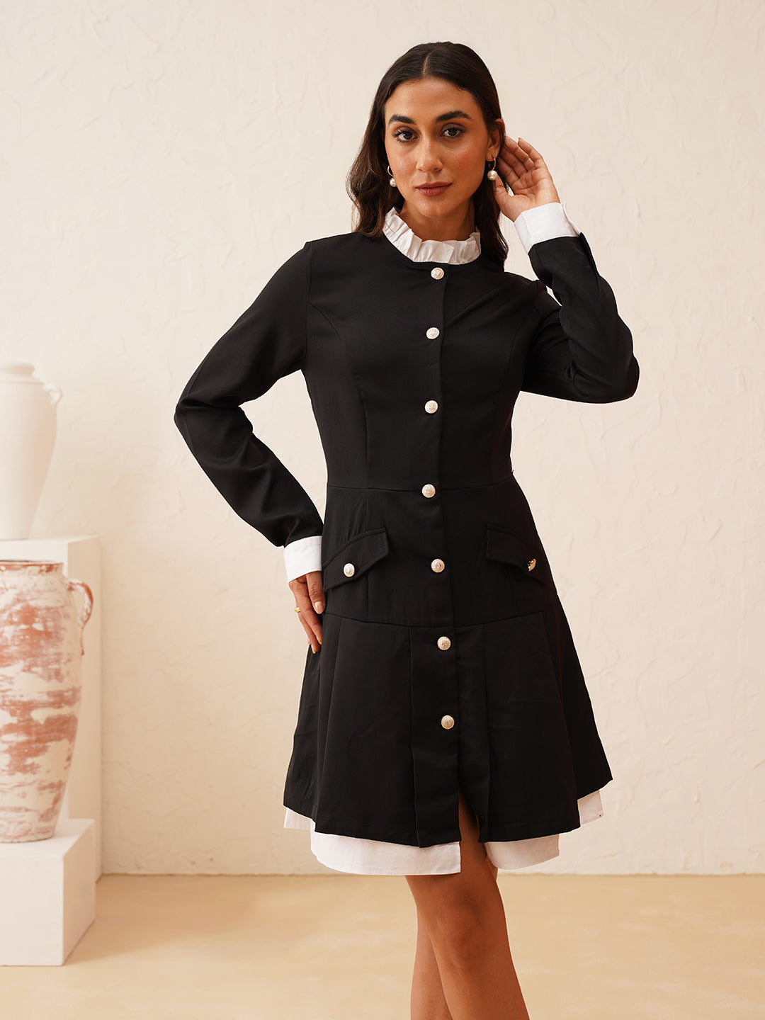 High Neck Full & Ruffled Sleeve Front Buttons Dress Beatnik India