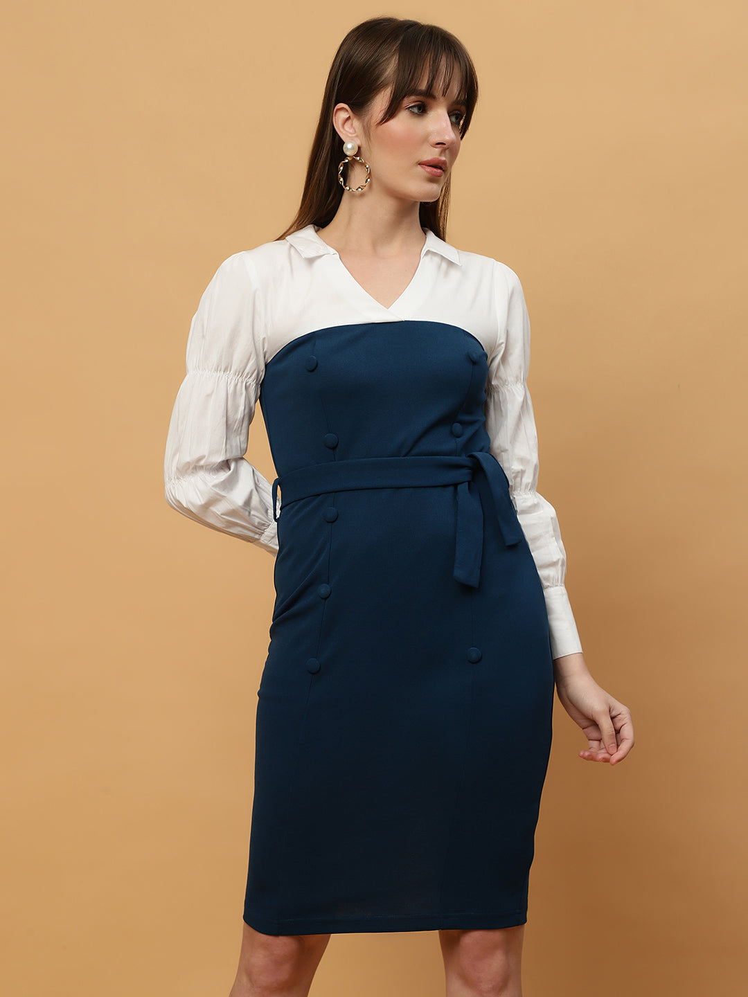 Beatnik White & Blue Bishop Sleeve Office to Outing Dress Beatnik India