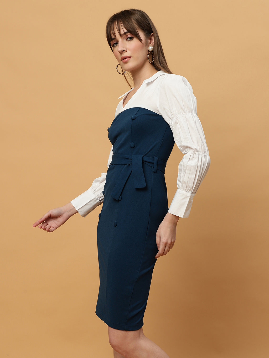 Beatnik White & Blue Bishop Sleeve Office to Outing Dress Beatnik India