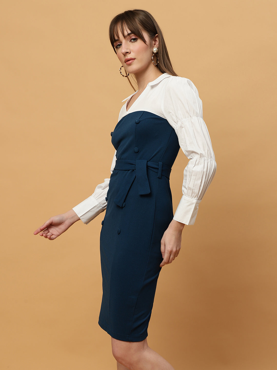 Beatnik White & Blue Bishop Sleeve Office to Outing Dress Beatnik India