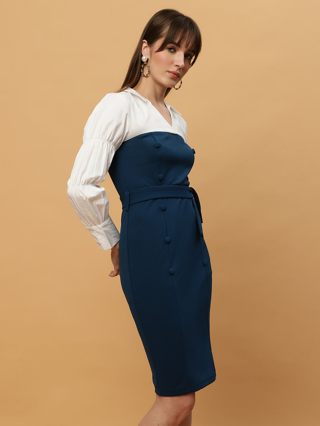 Beatnik White & Blue Bishop Sleeve Office to Outing Dress Beatnik India