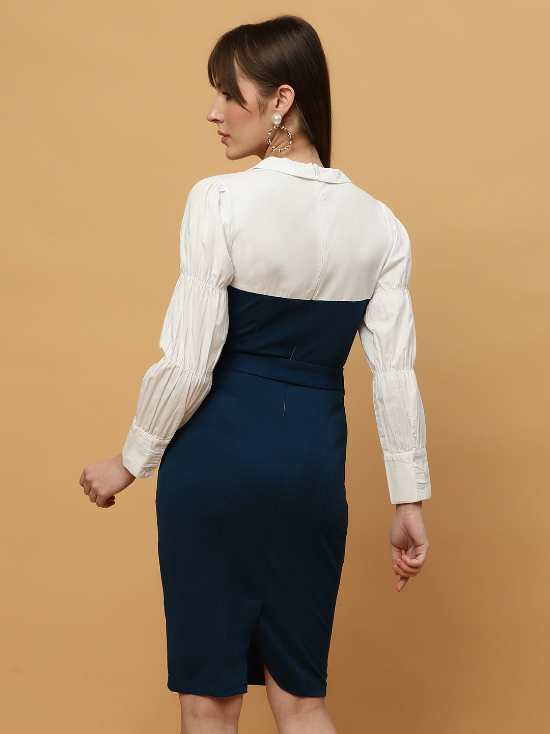 Beatnik White & Blue Bishop Sleeve Office to Outing Dress Beatnik India