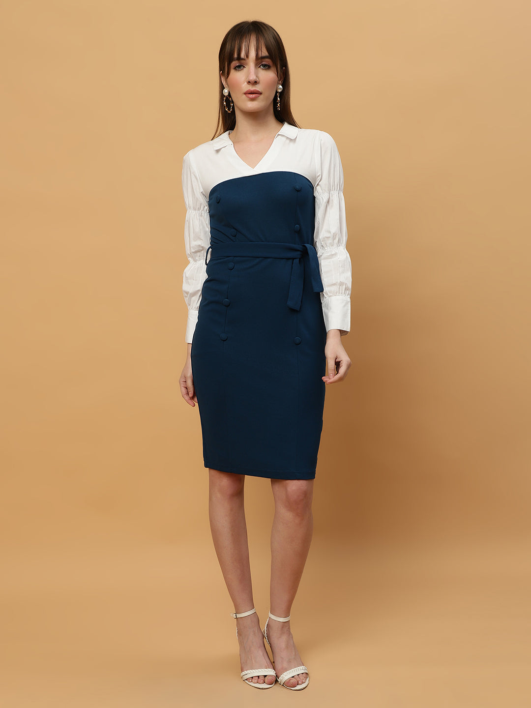 Beatnik White & Blue Bishop Sleeve Office to Outing Dress Beatnik India