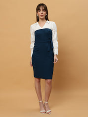Beatnik White & Blue Bishop Sleeve Office to Outing Dress Beatnik India