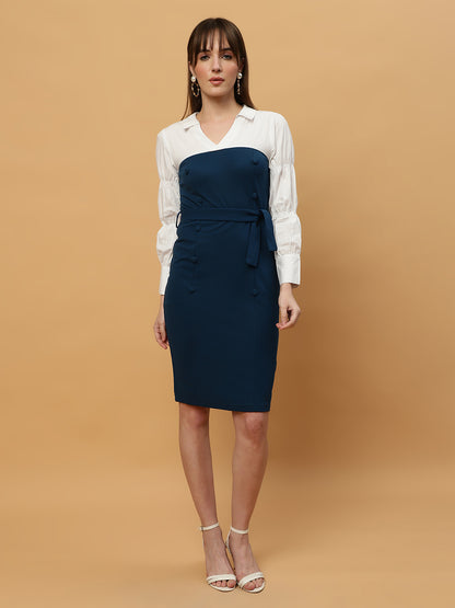 Beatnik White & Blue Bishop Sleeve Office to Outing Dress Beatnik India