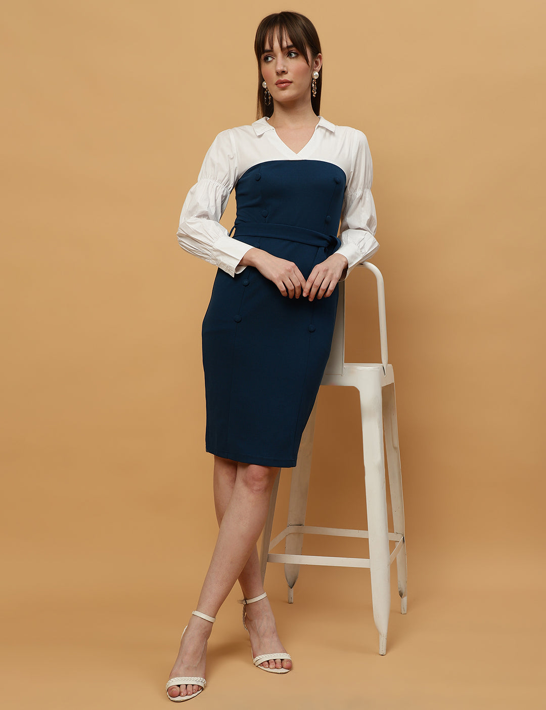 Beatnik White & Blue Bishop Sleeve Office to Outing Dress Beatnik India