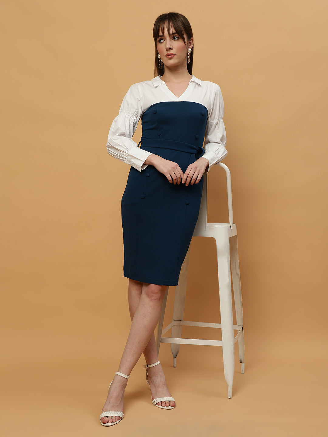 Beatnik White & Blue Bishop Sleeve Office to Outing Dress Beatnik India