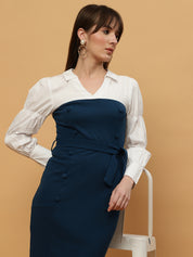 Beatnik White & Blue Bishop Sleeve Office to Outing Dress Beatnik India