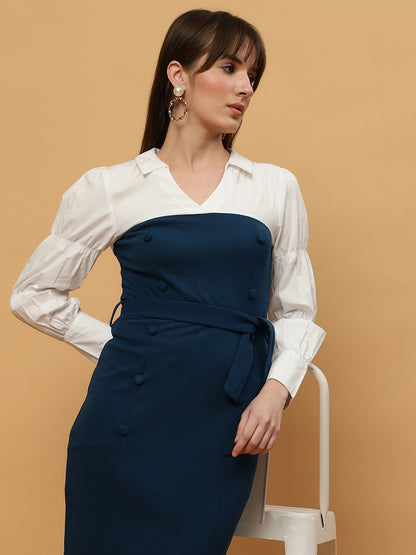 Beatnik White & Blue Bishop Sleeve Office to Outing Dress Beatnik India