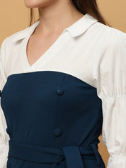 Beatnik White & Blue Bishop Sleeve Office to Outing Dress Beatnik India