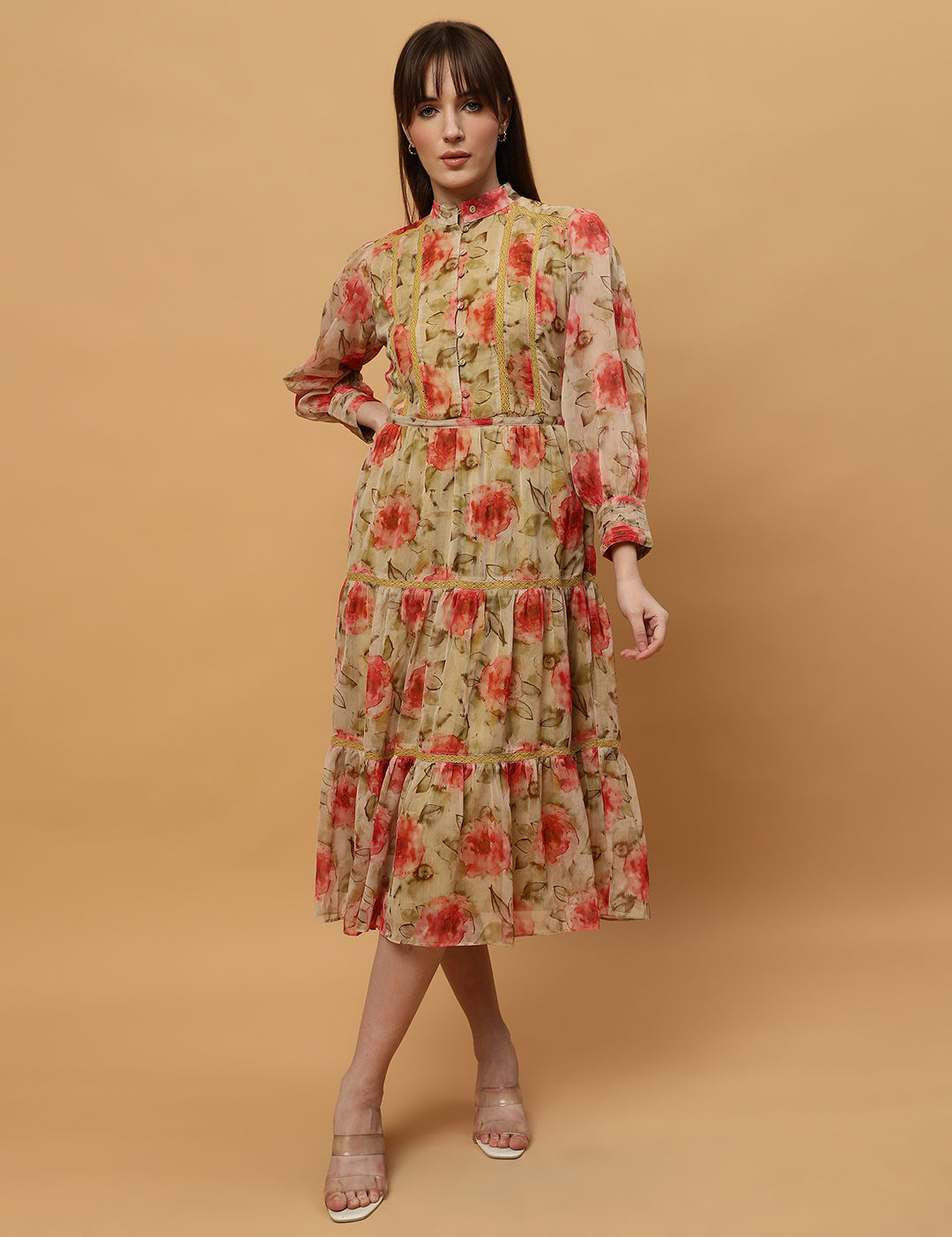 Beatnik Chiffon Floral Printed Bishop Sleeve Dress Beatnik India