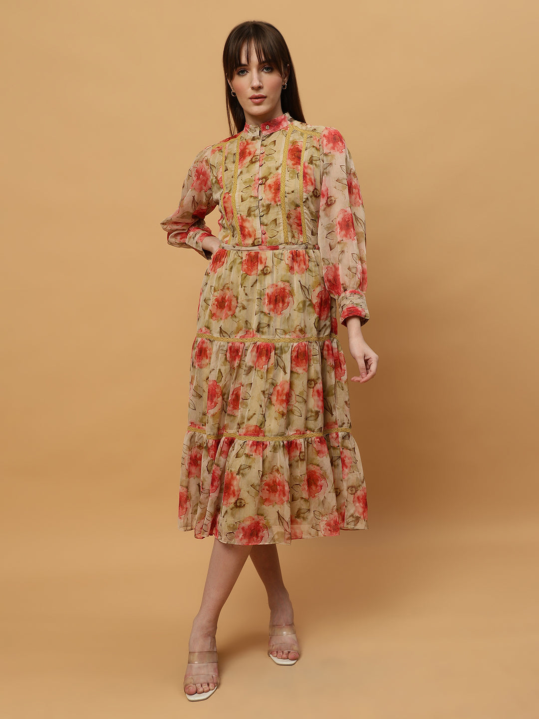 Beatnik Chiffon Floral Printed Bishop Sleeve Dress Beatnik India