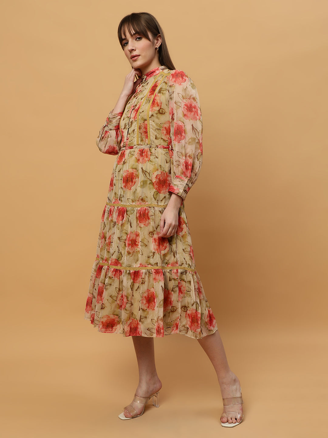 Beatnik Chiffon Floral Printed Bishop Sleeve Dress Beatnik India