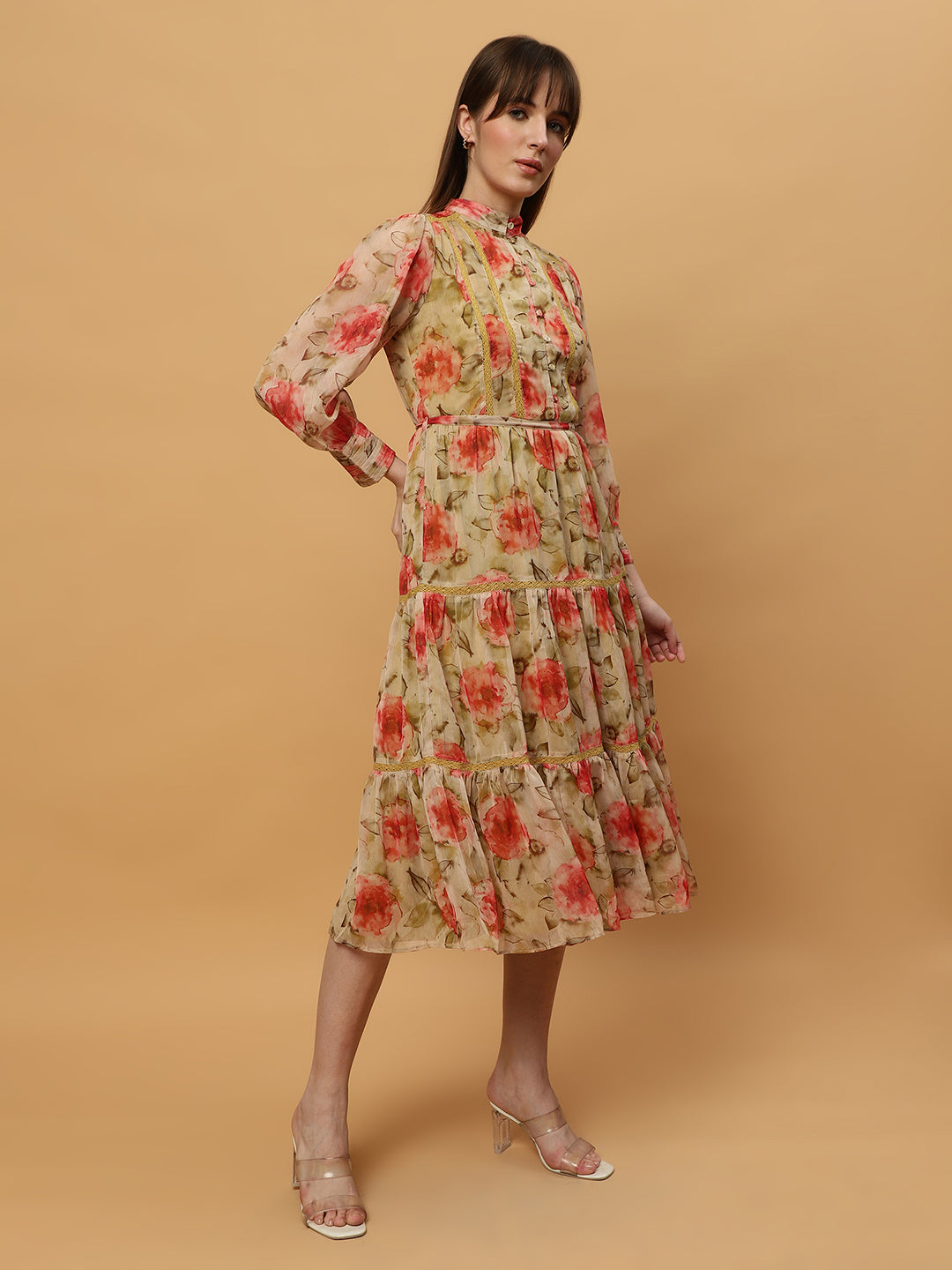 Beatnik Chiffon Floral Printed Bishop Sleeve Dress Beatnik India