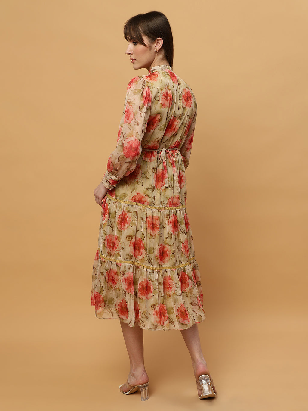 Beatnik Chiffon Floral Printed Bishop Sleeve Dress Beatnik India