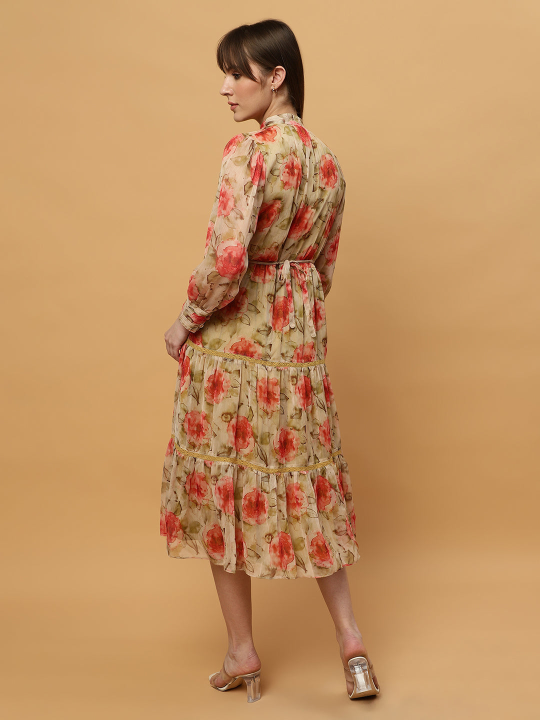 Beatnik Chiffon Floral Printed Bishop Sleeve Dress Beatnik India