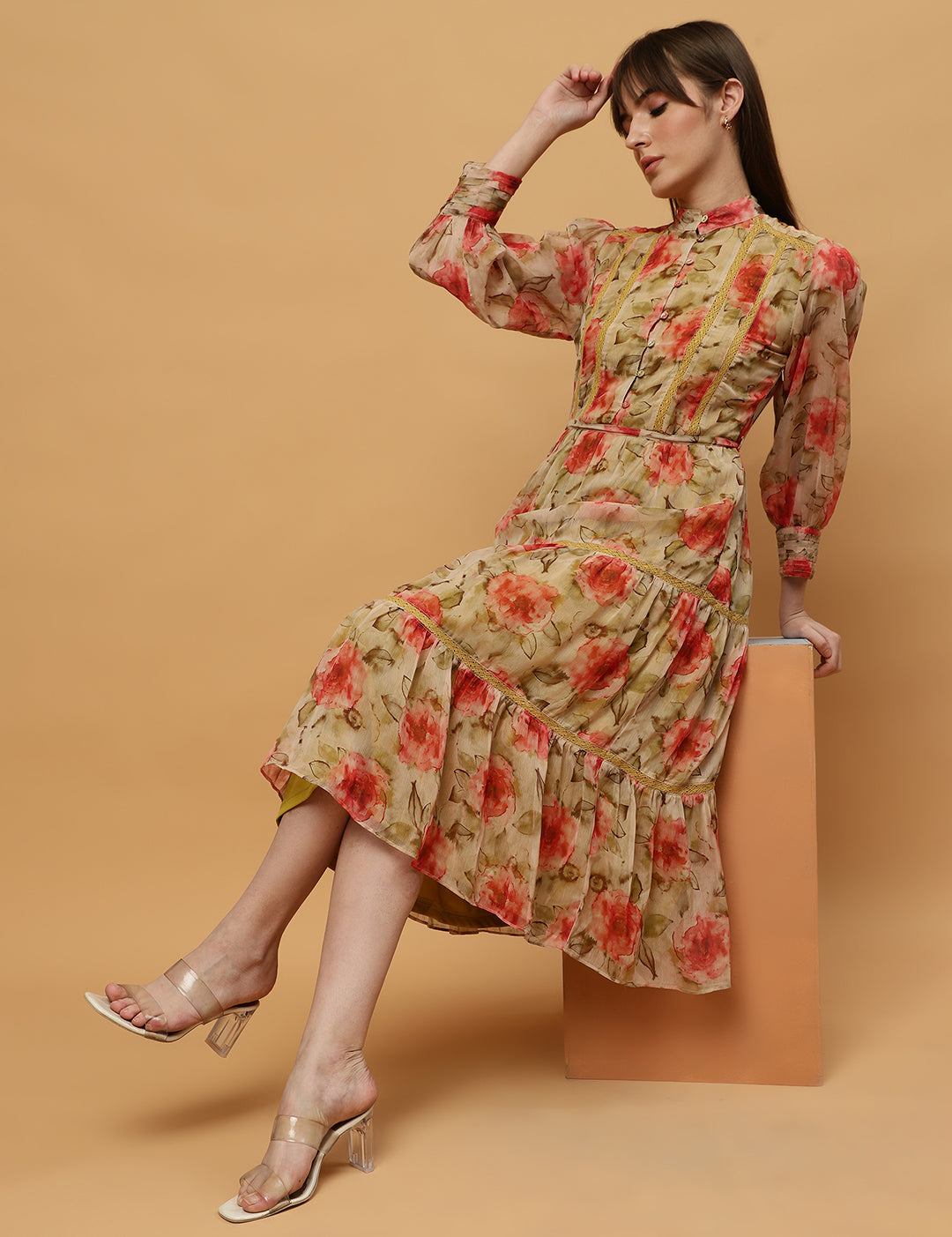 Beatnik Chiffon Floral Printed Bishop Sleeve Dress Beatnik India