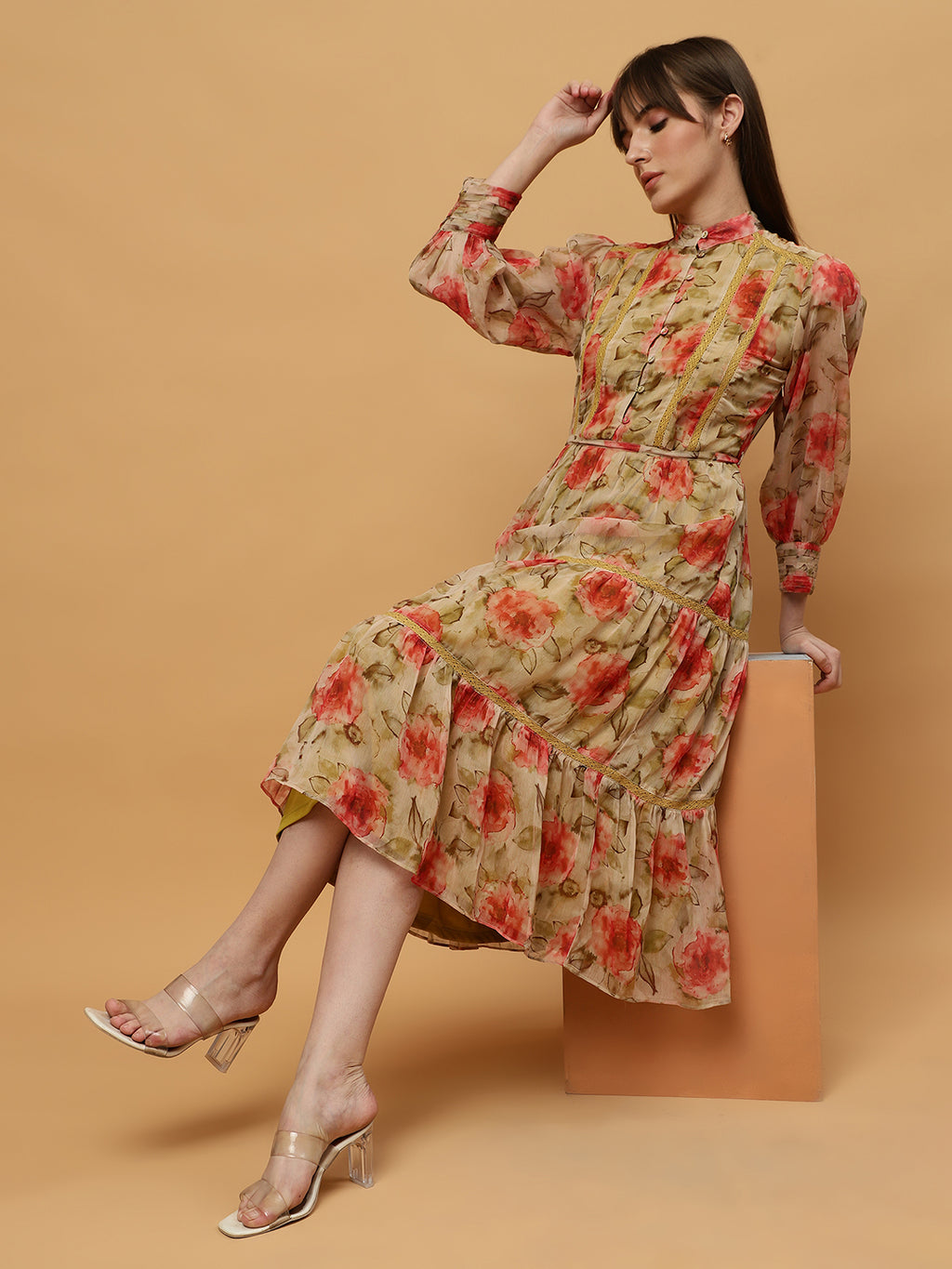 Beatnik Chiffon Floral Printed Bishop Sleeve Dress Beatnik India