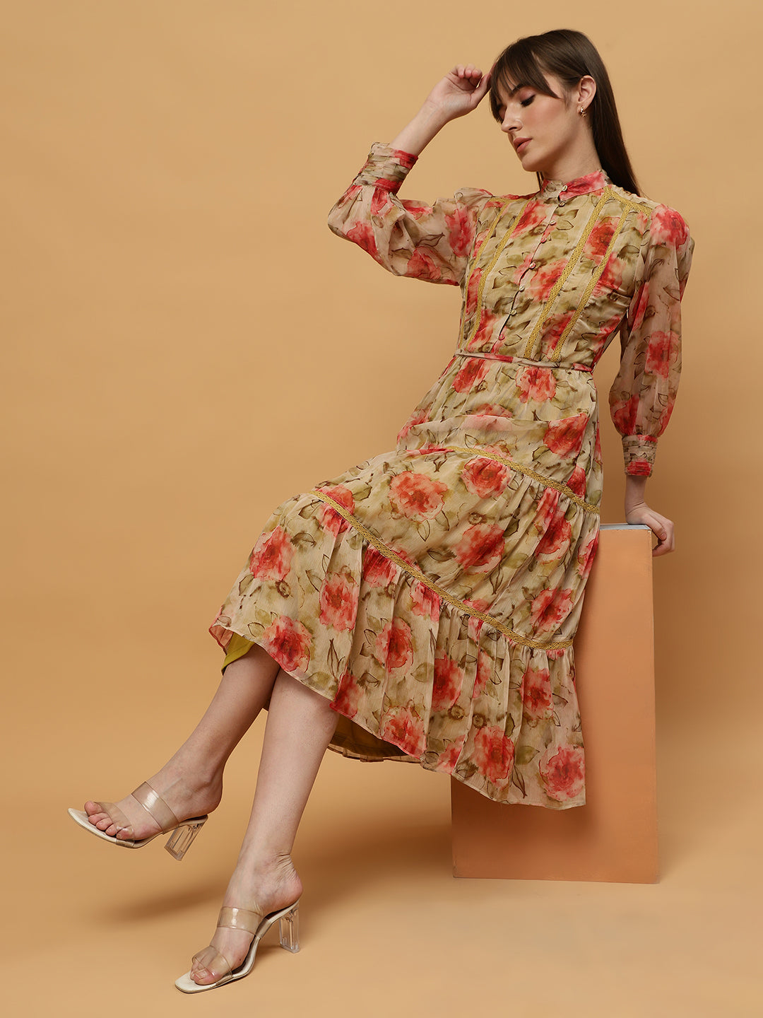 Beatnik Chiffon Floral Printed Bishop Sleeve Dress Beatnik India