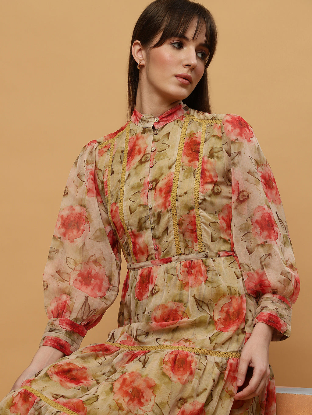 Beatnik Chiffon Floral Printed Bishop Sleeve Dress Beatnik India