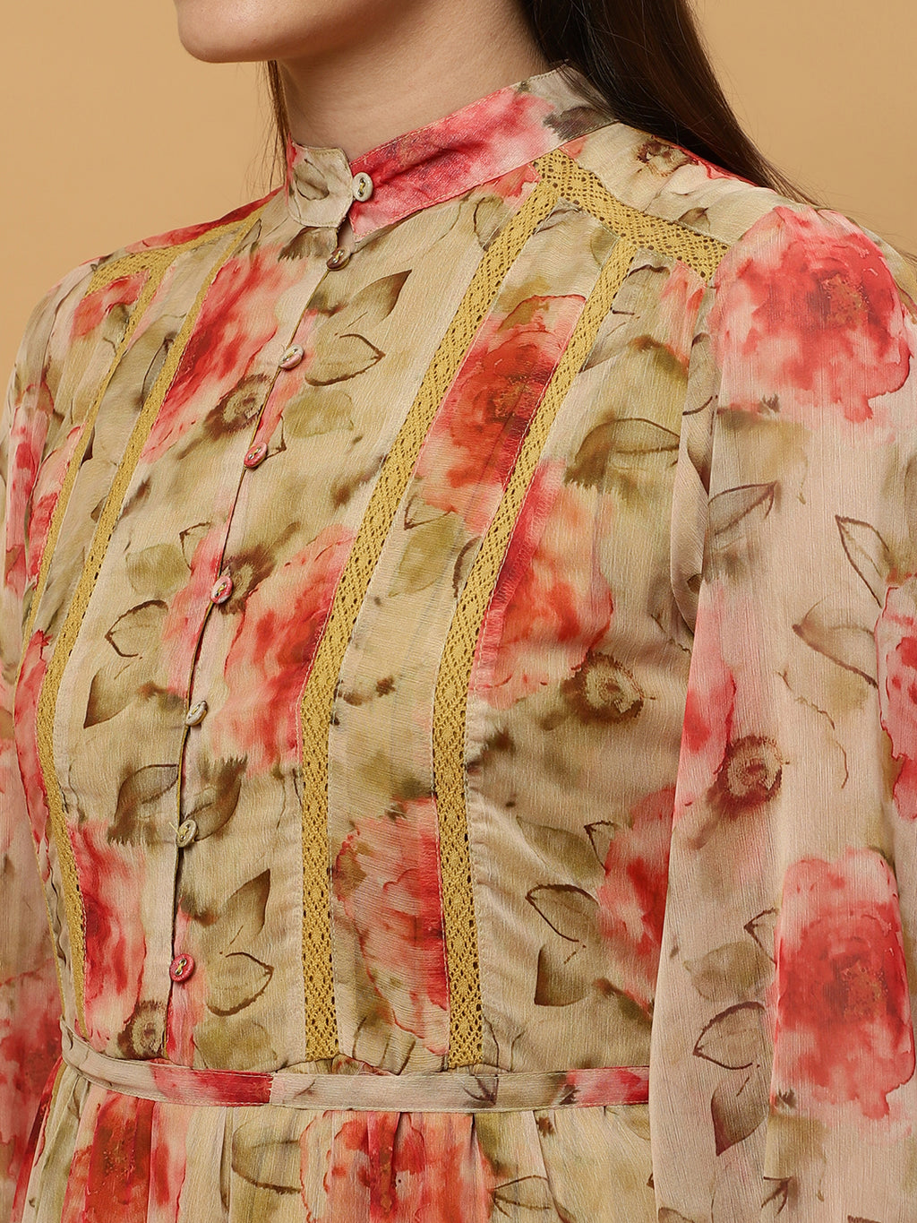 Beatnik Chiffon Floral Printed Bishop Sleeve Dress Beatnik India