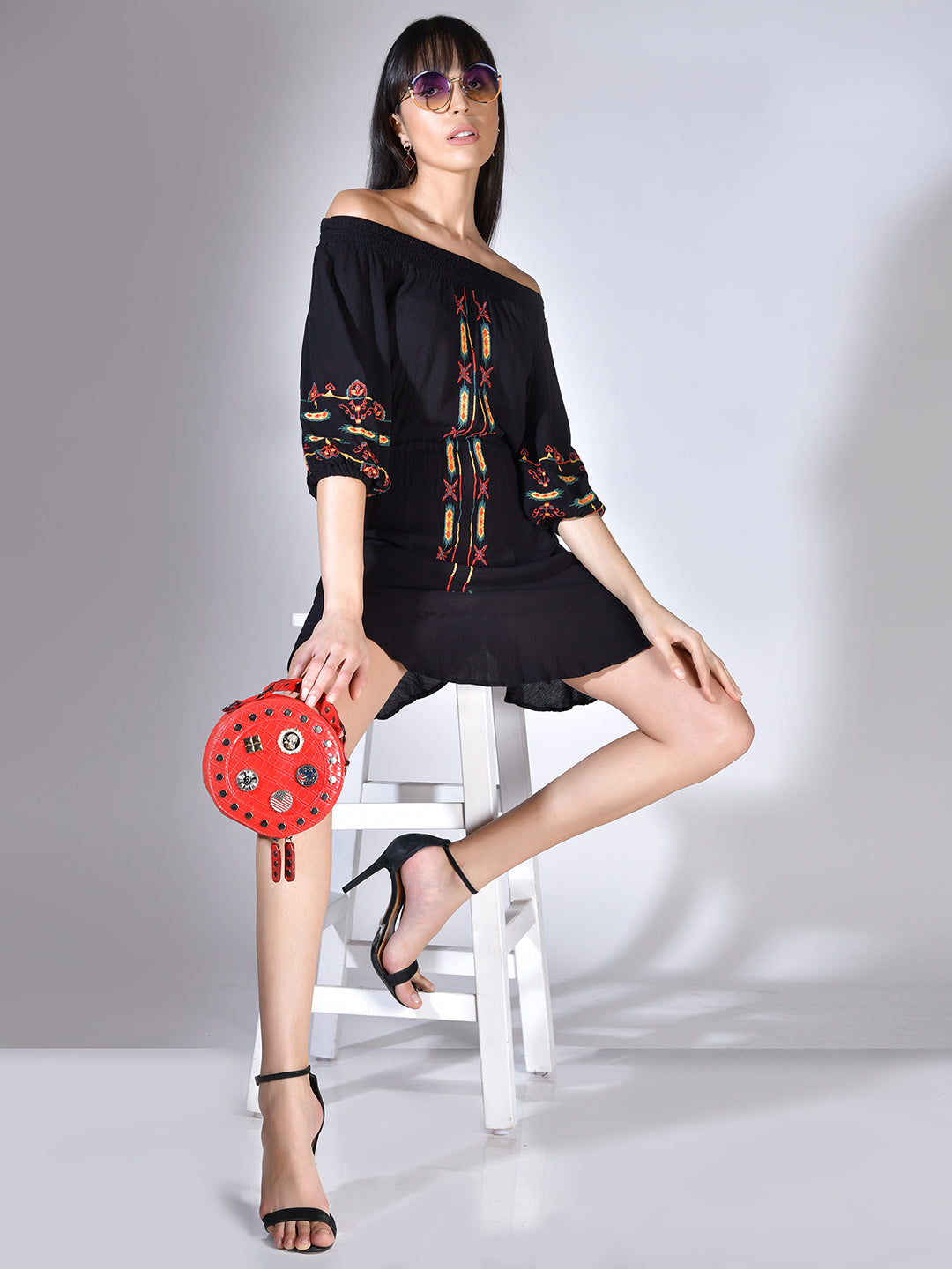 Beatnik Cotton Off-shoulder Black Womens Dresses Beatnik India