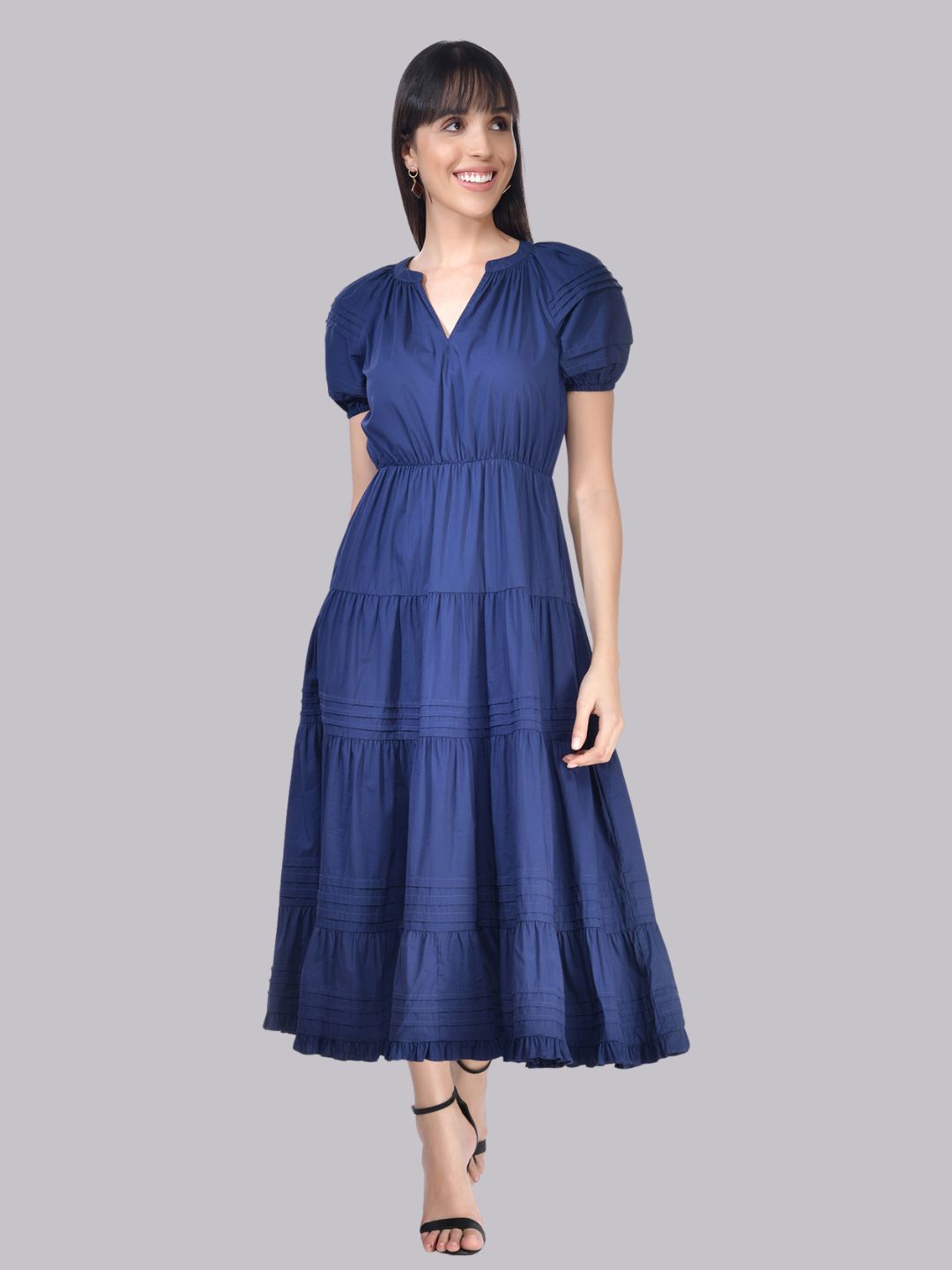 Beatnik Cotton V-neck Blue Womens Dresses Beatnik India