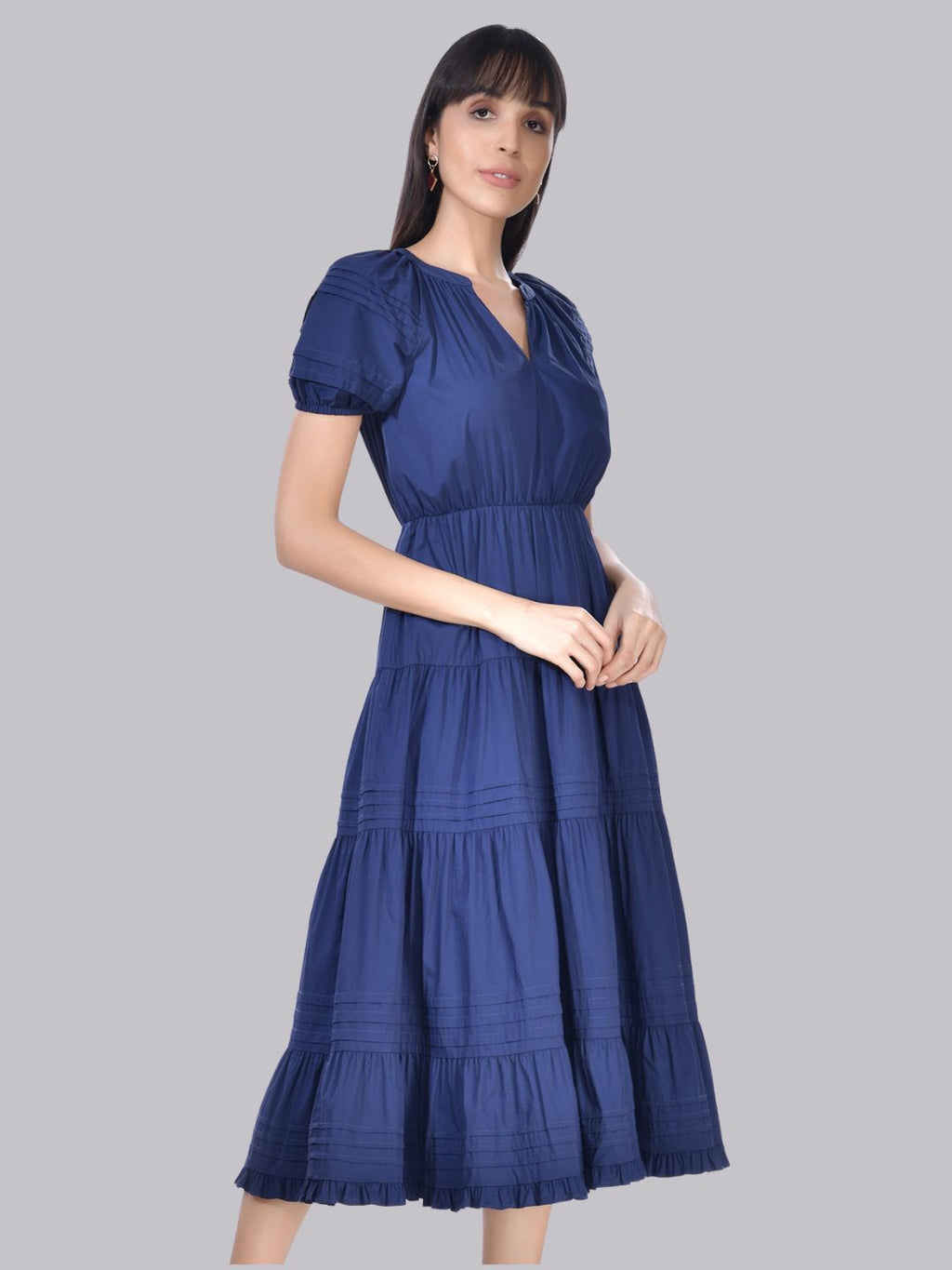Beatnik Cotton V-neck Blue Womens Dresses Beatnik India