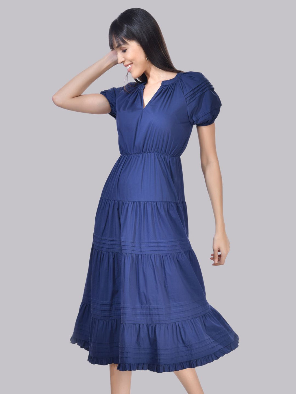 Beatnik Cotton V-neck Blue Womens Dresses Beatnik India