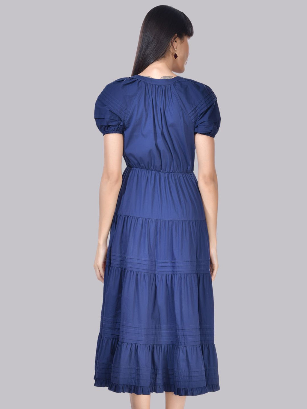 Beatnik Cotton V-neck Blue Womens Dresses Beatnik India