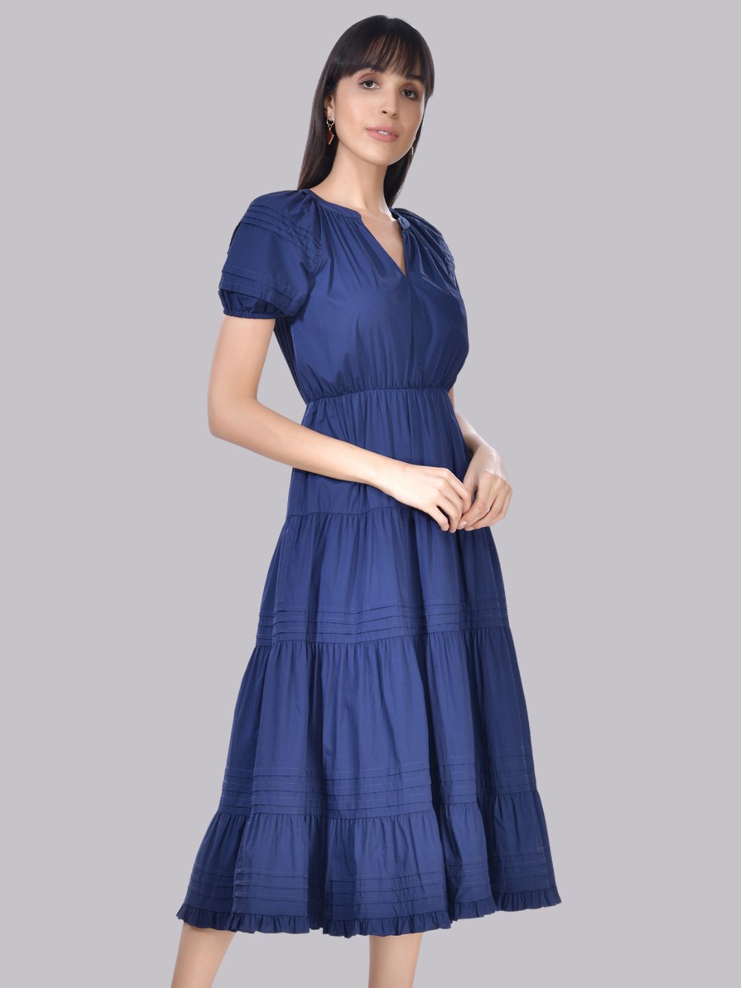 Beatnik Cotton V-neck Blue Womens Dresses Beatnik India