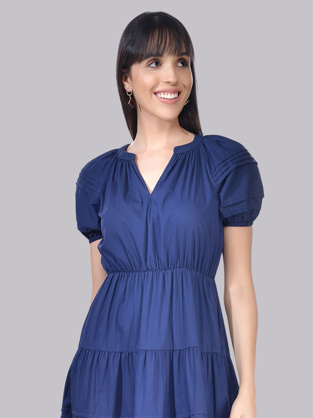 Beatnik Cotton V-neck Blue Womens Dresses Beatnik India