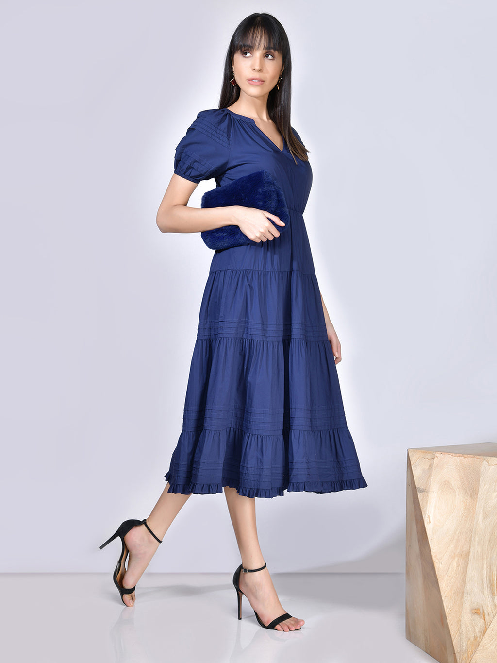 Beatnik Cotton V-neck Blue Womens Dresses Beatnik India