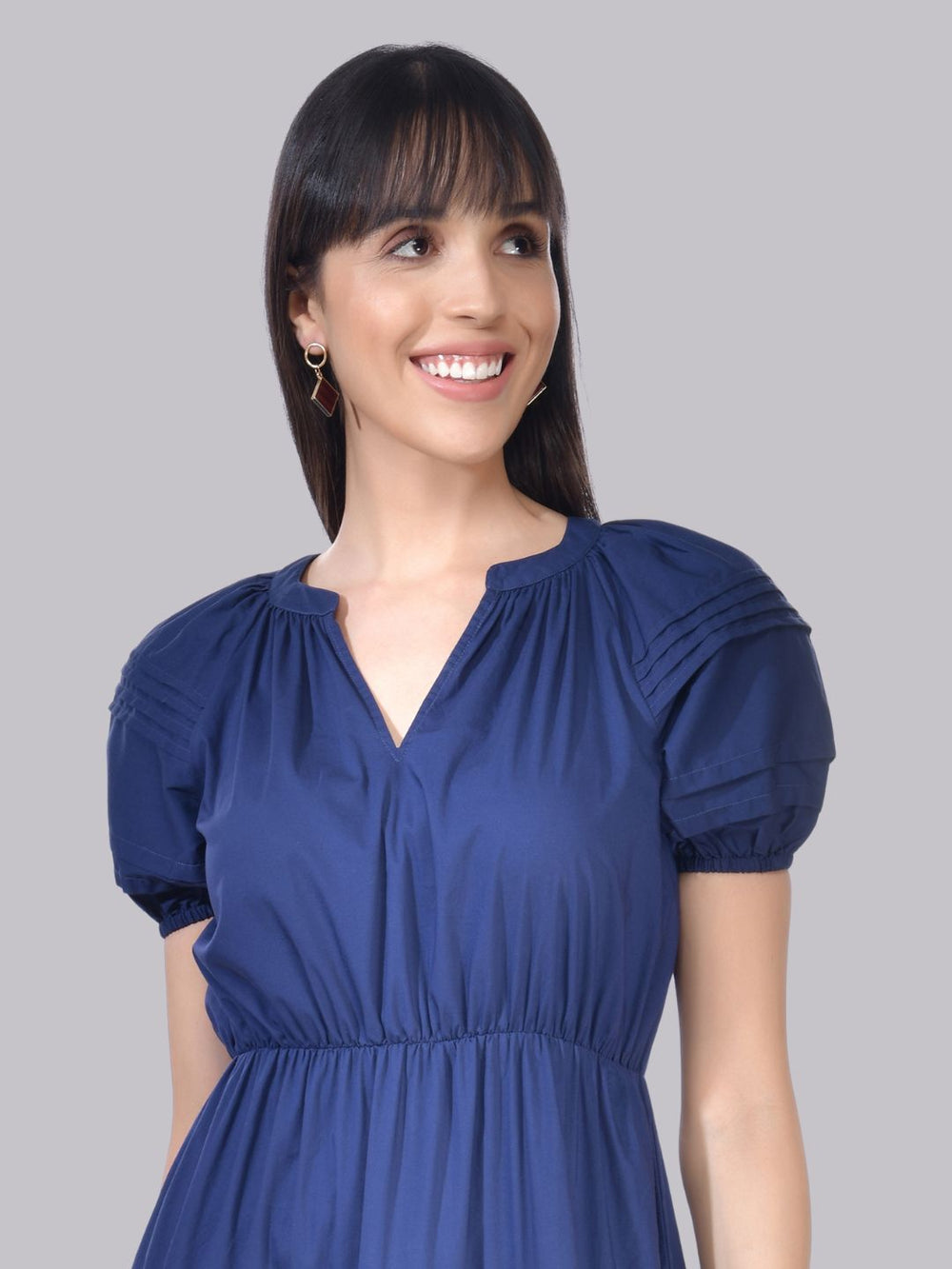 Beatnik Cotton V-neck Blue Womens Dresses Beatnik India