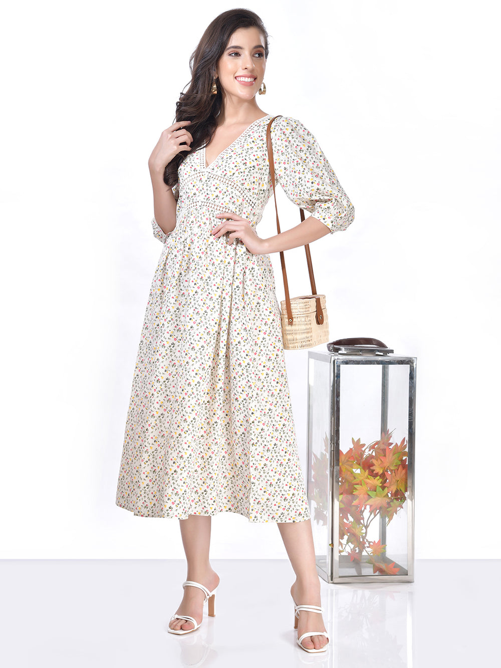Beatnik Cotton V-neck White Womens Dresses Beatnik India