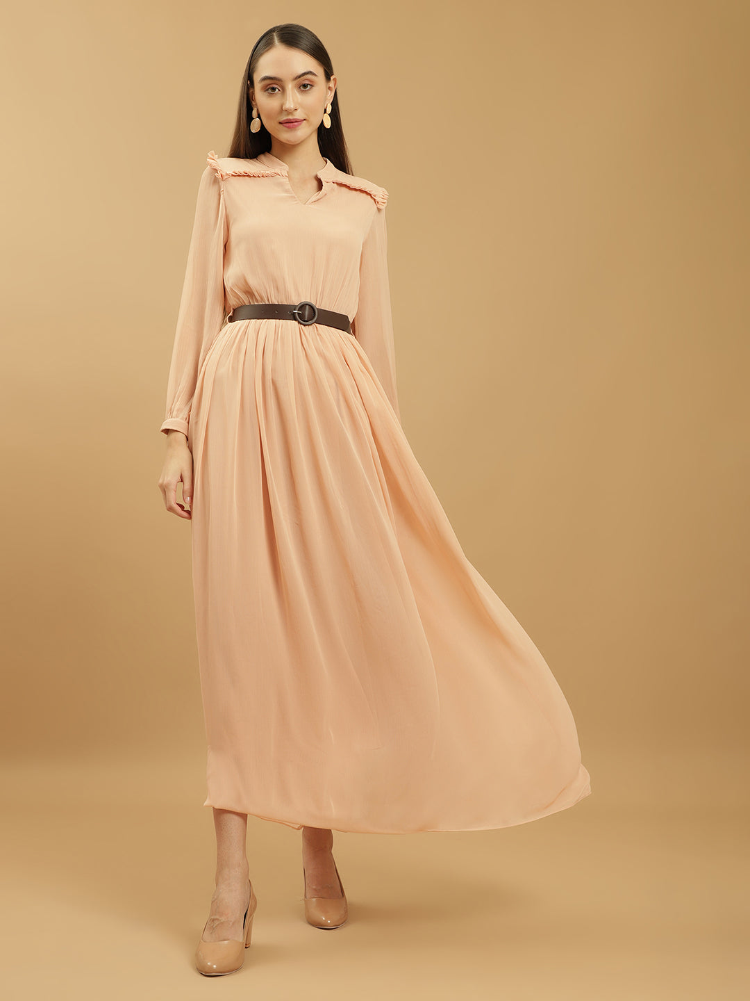Frill Detail with Belt Peasant Maxi Dress