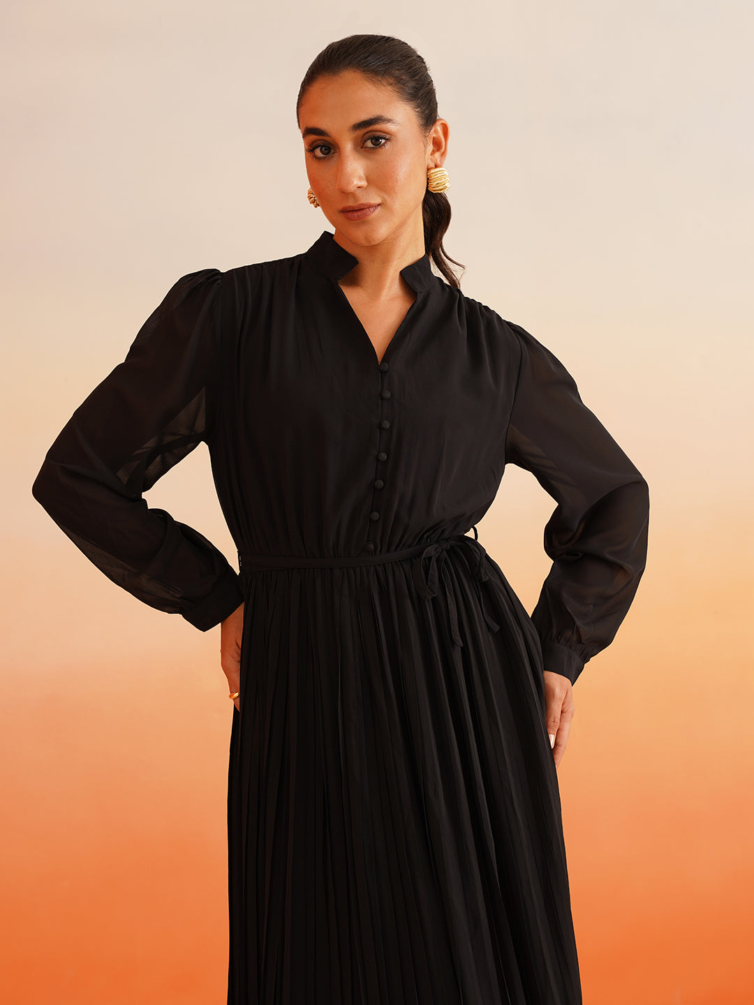 Beatnik Mandarin Collar Bishop & Full Sleeve Floral Lace Dress Beatnik India