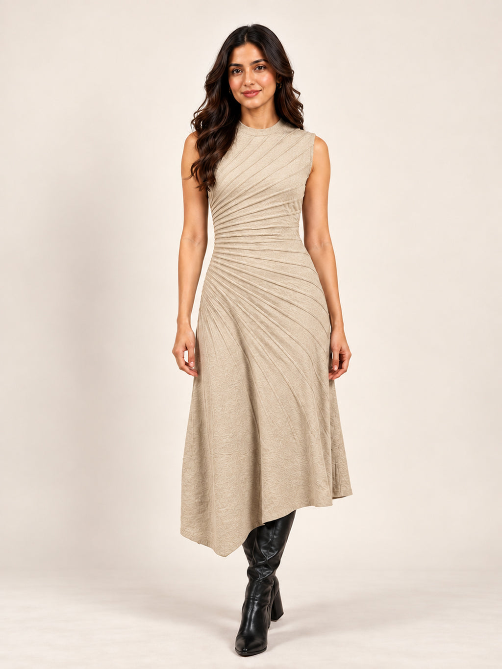Solid Knitted High Low Strecable Beige Midi Dress
