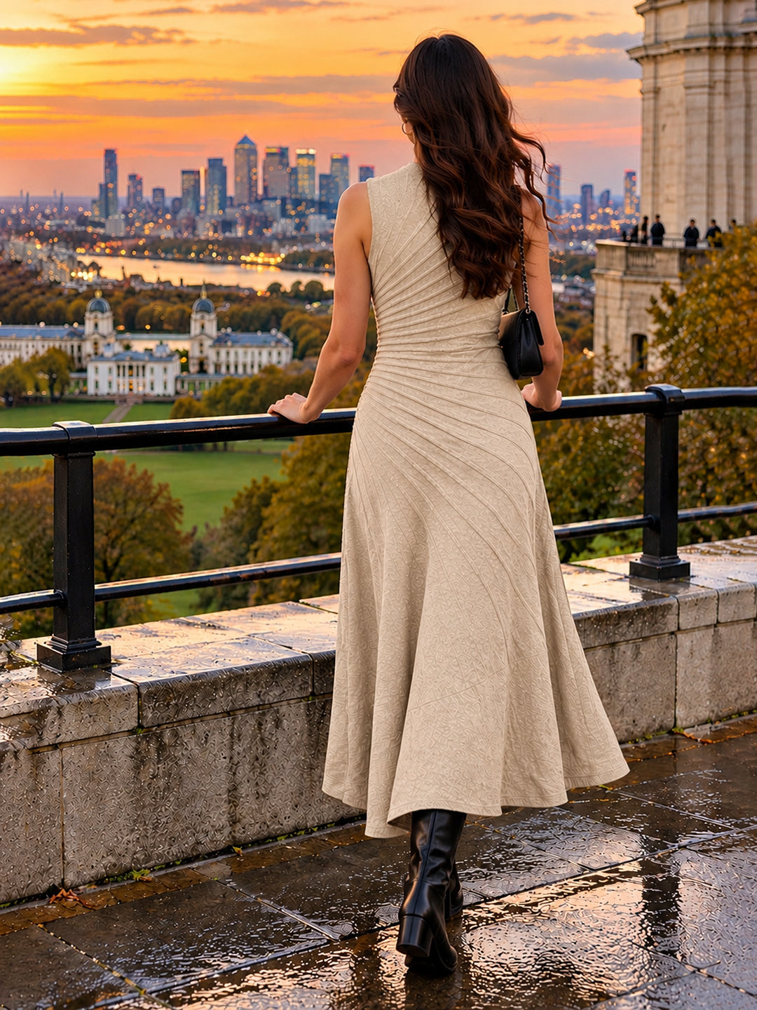 Solid Knitted High Low Strecable Beige Midi Dress