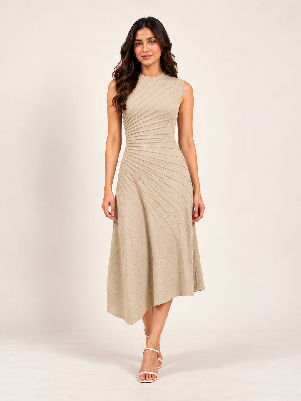 Solid Knitted High Low Strecable Beige Midi Dress