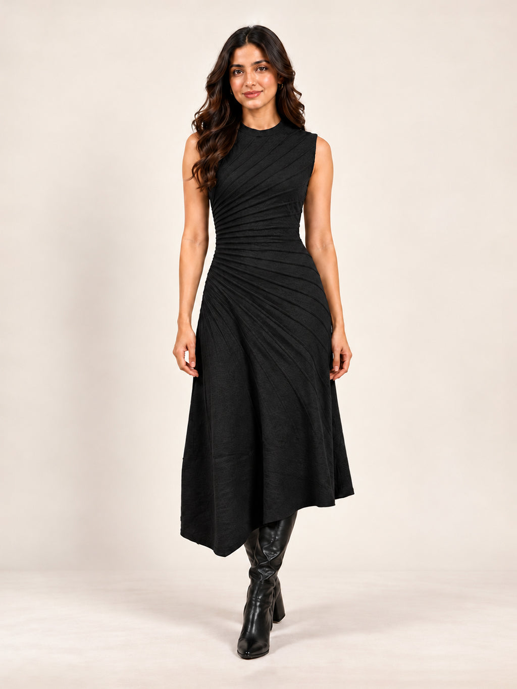 Solid Knitted High Low Strecable Black Midi Dress
