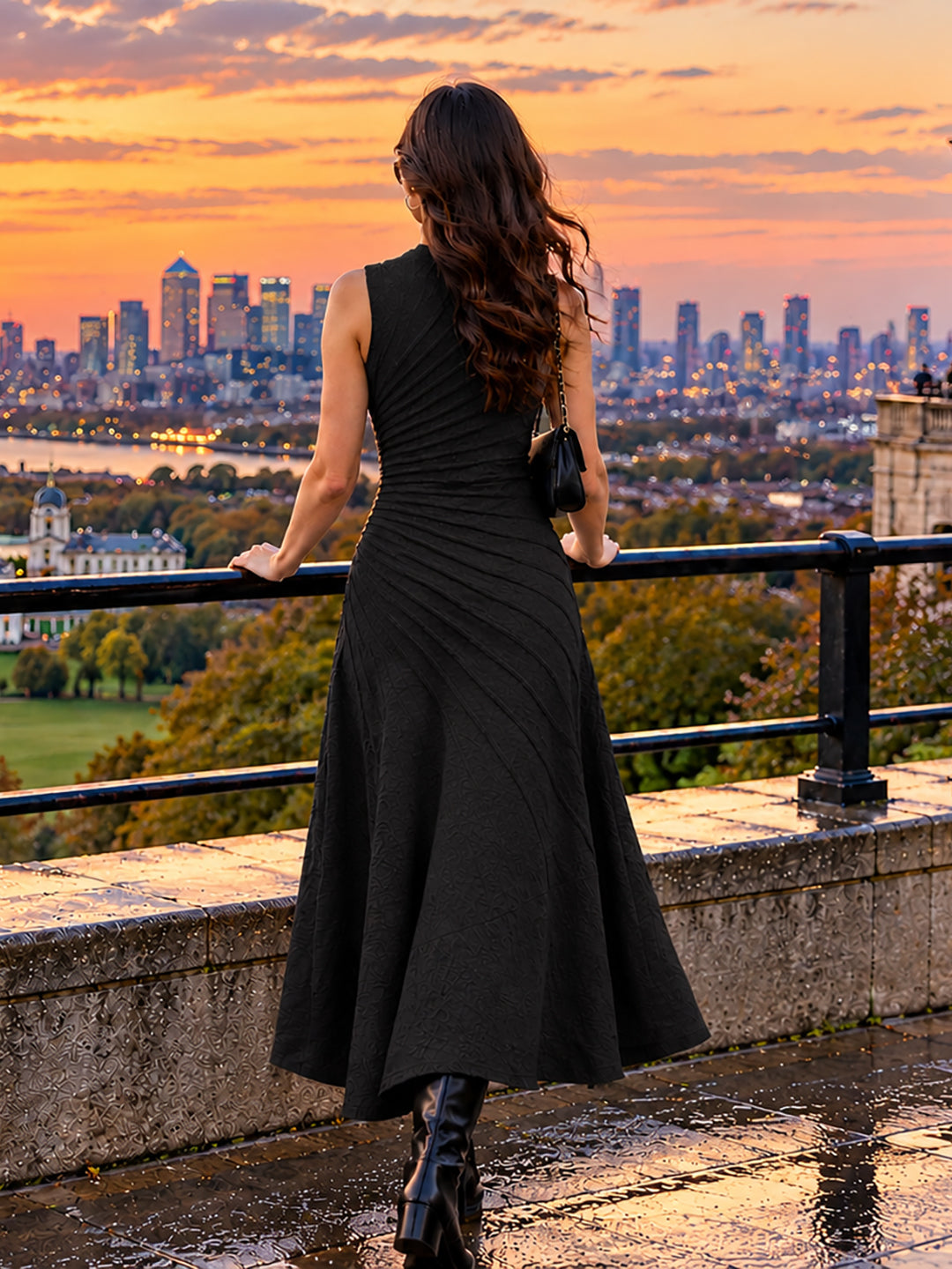 Solid Knitted High Low Strecable Black Midi Dress