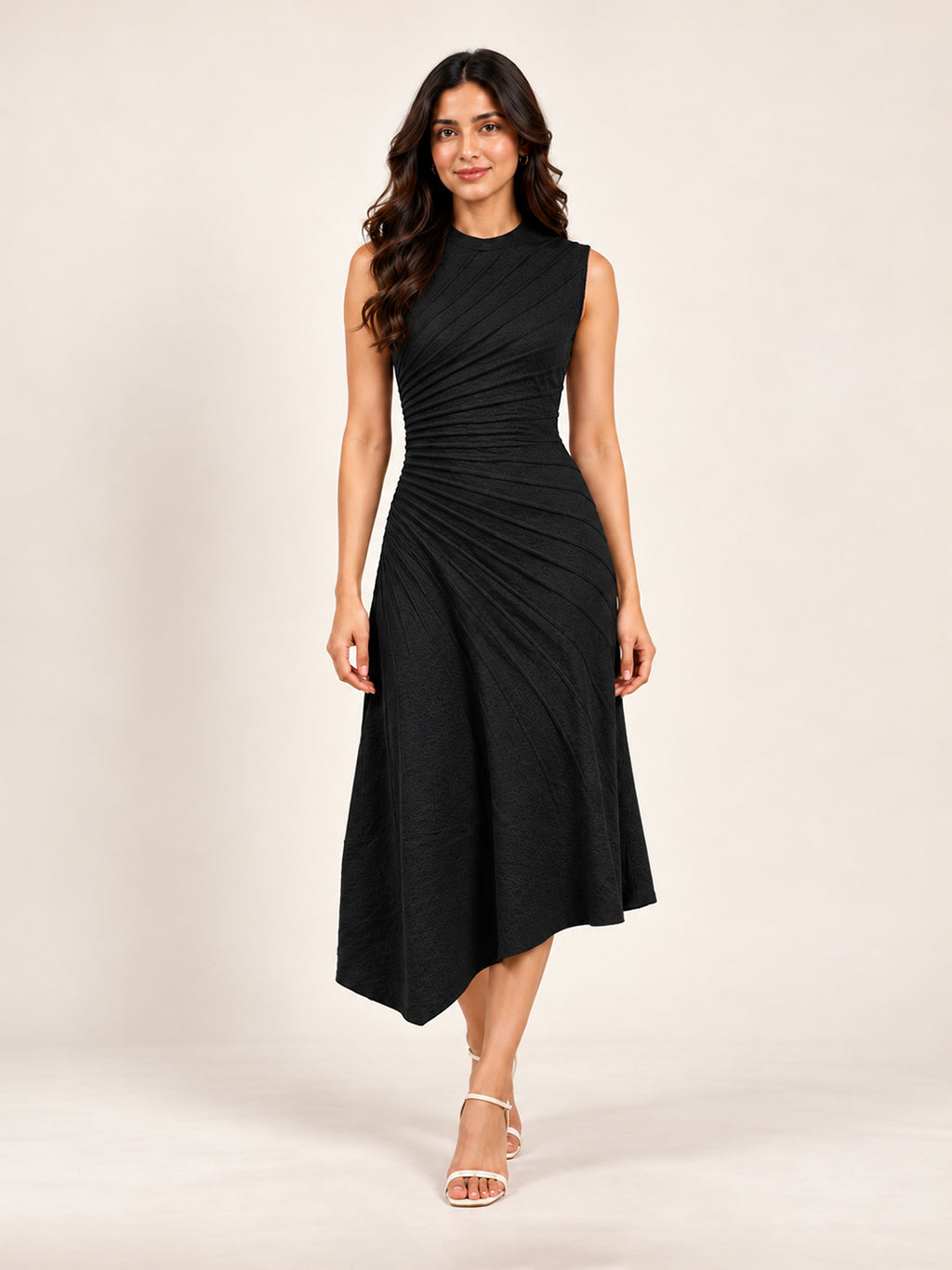 Solid Knitted High Low Strecable Black Midi Dress