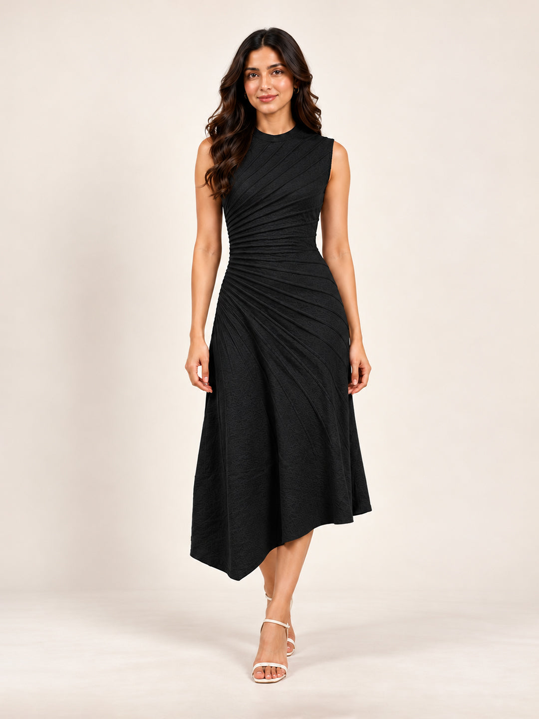 Solid Knitted High Low Strecable Black Midi Dress