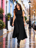 Solid Knitted High Low Strecable Black Midi Dress
