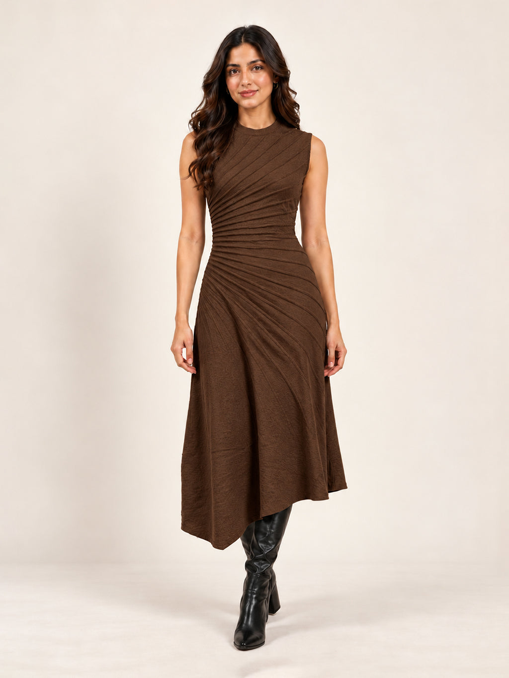 Solid Knitted High Low Strecable Brown Midi Dress