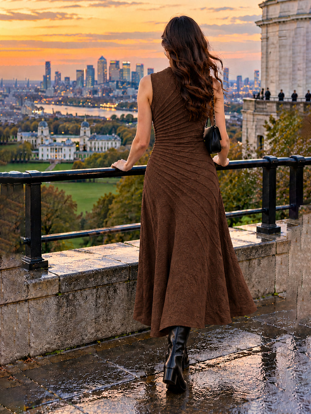 Solid Knitted High Low Strecable Brown Midi Dress