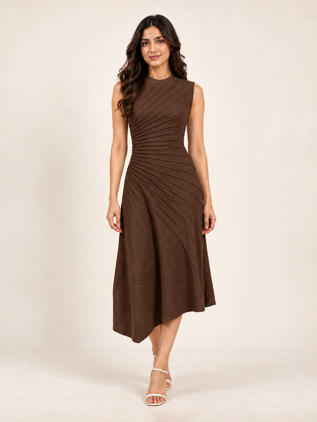 Solid Knitted High Low Strecable Brown Midi Dress