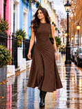 Solid Knitted High Low Strecable Brown Midi Dress