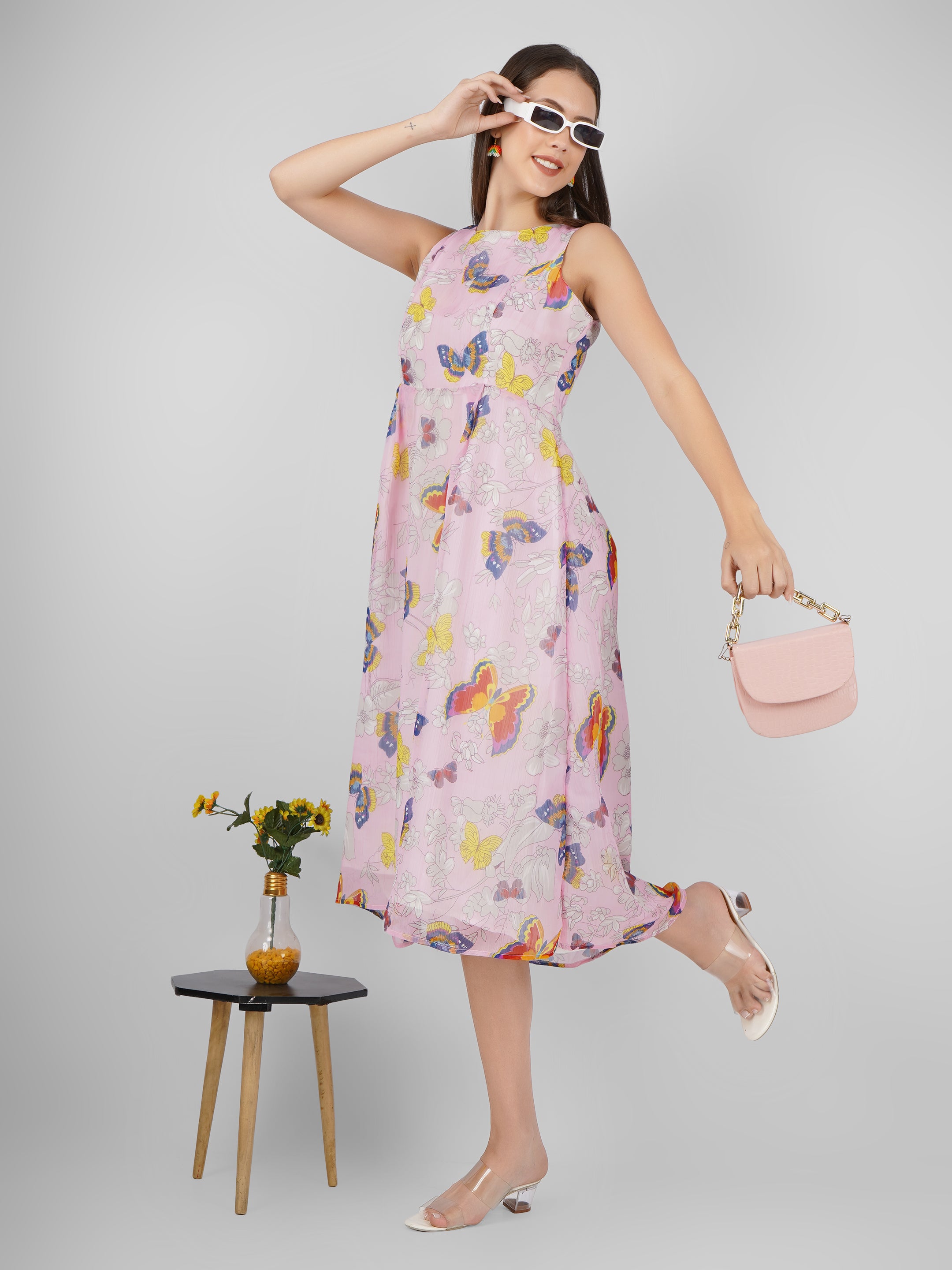 Chic Fit n Flare Chiffon with Figure Print Women Midi Dress Beatnik India